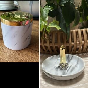 Ceramic jar with gold tone lid and ring holder/dish set, marble design